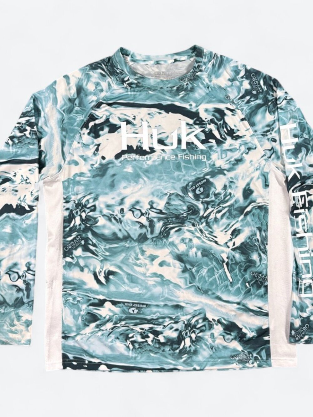 HUK Mossy Oak Hydro Elements Long Sleeve Fishing Shirt Mens L Teal UPF Sun